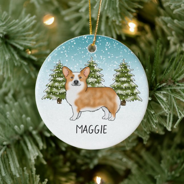 Red Pembroke Welsh Corgi Winterwald Weihnachten Keramik Ornament (Baum)