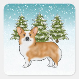 Red Pembroke Welsh Corgi Winterwald Weihnachten Quadratischer Aufkleber