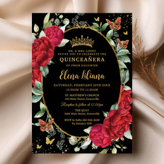 Red Peonies Floral Butterfells Gold Quinceañera Einladung