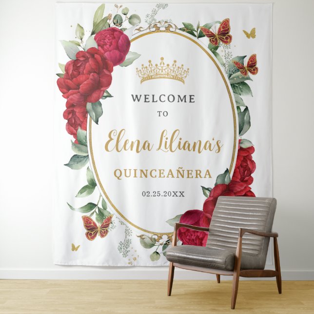 Red Peonies Floral Butterfells Quinceañera Willkom Wandteppich (Beispiel)