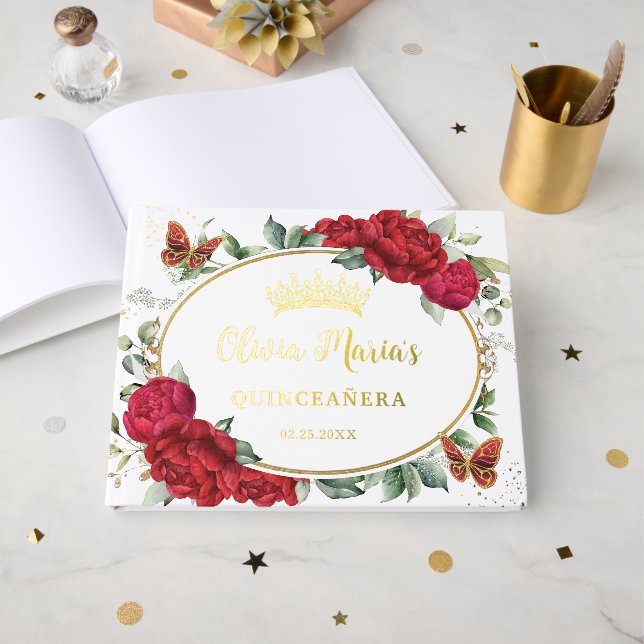 Red Peonies Floral Butterflies Quinceanera Gold Gästebuch (Vorderseite offen)