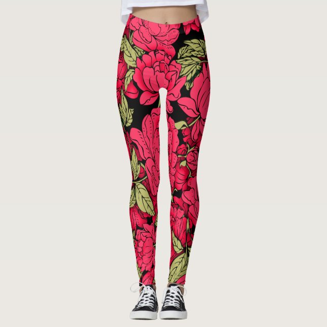 Red Peonies mit Gold-Blätter Leggings (Vorderseite)
