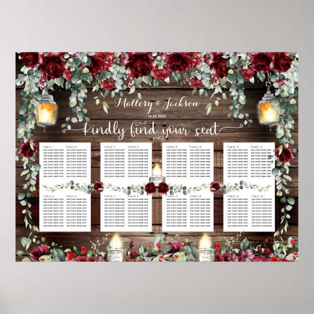 Red Peony 54x40" 160 Guest Luxury Seating Chart Poster (Vorne)