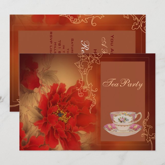 Red Peony Chinese Brautparty Tee Party Einladung (Vorne/Hinten)