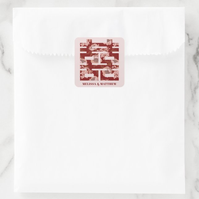 Red Peony Double Happiness Chinese Wedding Quadratischer Aufkleber (Tasche)