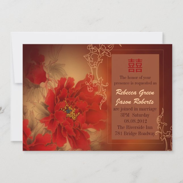 Red Peony Double Happiness Chinesische Hochzeit Einladung (Vorderseite)