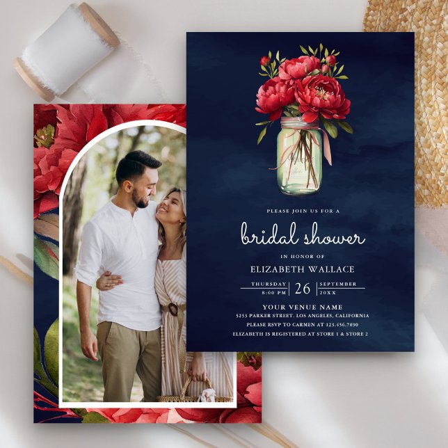 Red Peony Floral Mason Jar Navy Blue Brautparty Einladung (Von Creator hochgeladen)