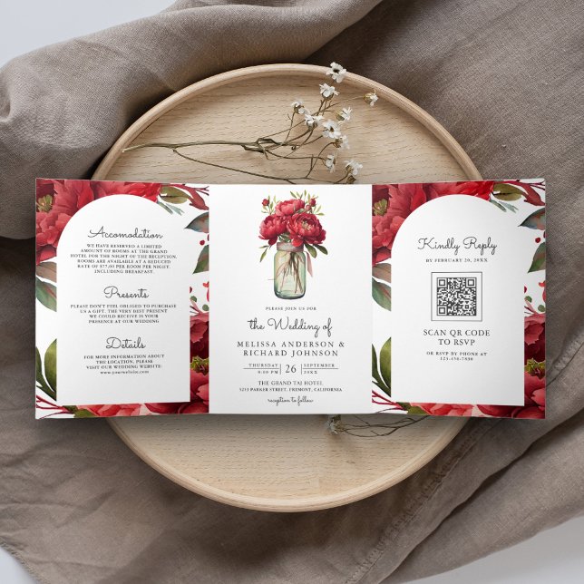 Red Peony Floral Mason Jar QR Code Hochzeit Dreifach Gefaltete Einladung (Von Creator hochgeladen)