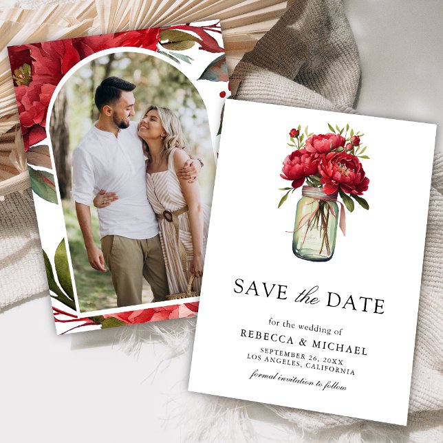 Red Peony Floral Mason Jar Wedding Foto Save The Date (Von Creator hochgeladen)