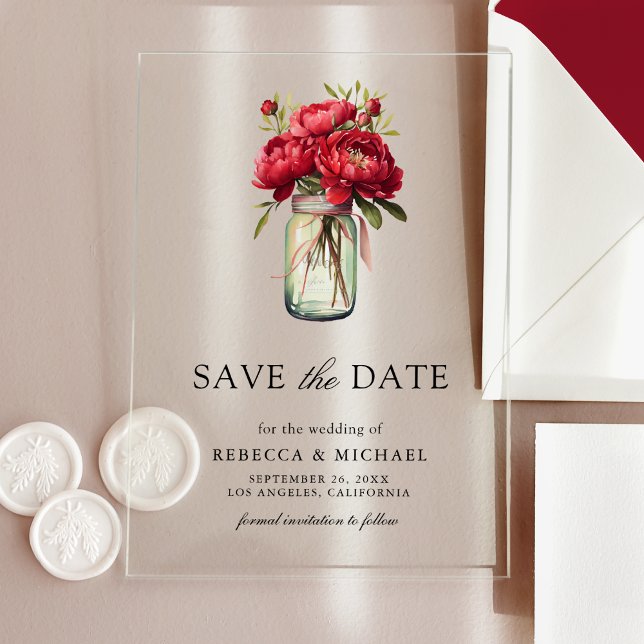 Red Peony Floral Mason Jar Wedding Save the Date Acryleinladungen (Von Creator hochgeladen)