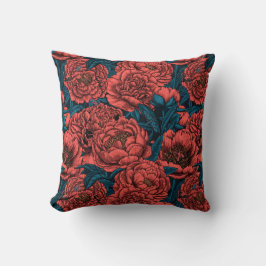 Red peony flowers and moths kissen
