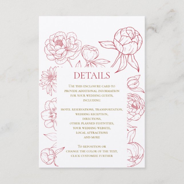 Red Peony Line Zeichnend Einladung zur Hochzeit, D (Vorderseite)