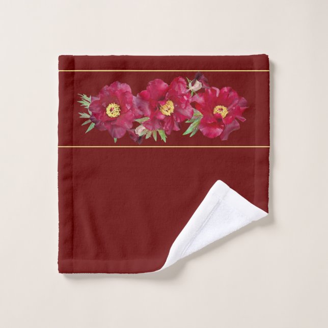 Red Peony mit Foliage auf dunkelrotem Hintergrund Waschlappen (Waschlappen)