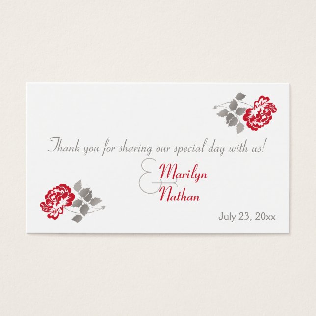 Red Peony on White mit Taupe Gastgeschenk Hochzeit (Vorderseite)