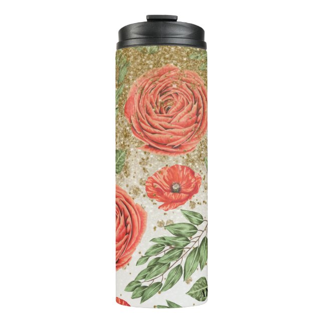 *~* Red PEONY POPPY Gold Glitzer Floral Thermosbecher (Vorderseite)