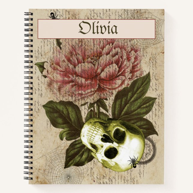 Red Peony Steampunk Skull Ephemera Notizbuch (Vorderseite)