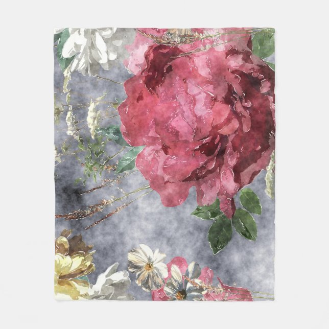 Red Peony Watercolor Floral Pattern Fleecedecke (Vorderseite)