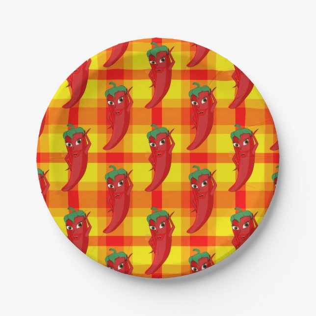 Red Pepper Diva Orange Gelbes Kariertes Muster Pappteller (Vorderseite)