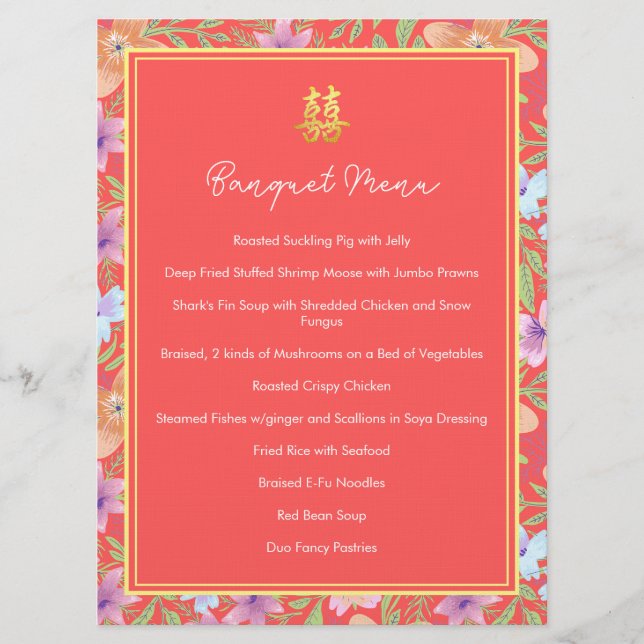 Red Peranakan floral doppelxi Chinesische Hochzeit Menükarte (Vorderseite)