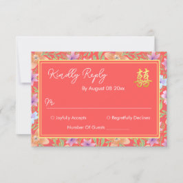 Red Peranakan floral doppelxi Chinesische Hochzeit RSVP Karte