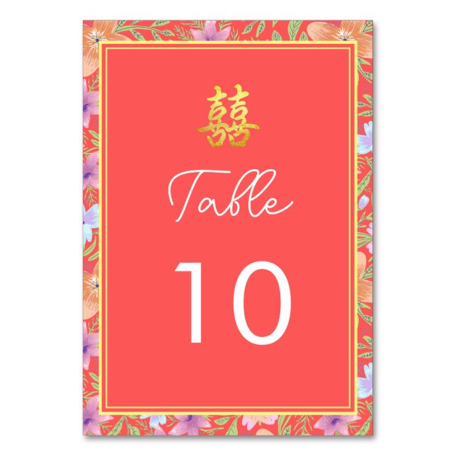 Red Peranakan floral doppelxi Chinesische Hochzeit Tischnummer (Vorderseite)