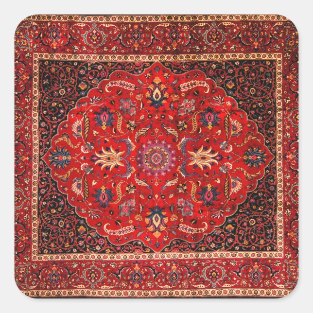 Red Persian Rug aus Mashhad Quadratischer Aufkleber (Vorderseite)