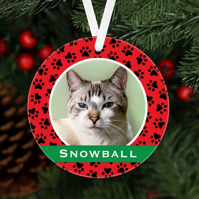 Red Pet Paw druckt Personalisiertes Cat Name Foto Ornament (Von Creator hochgeladen)