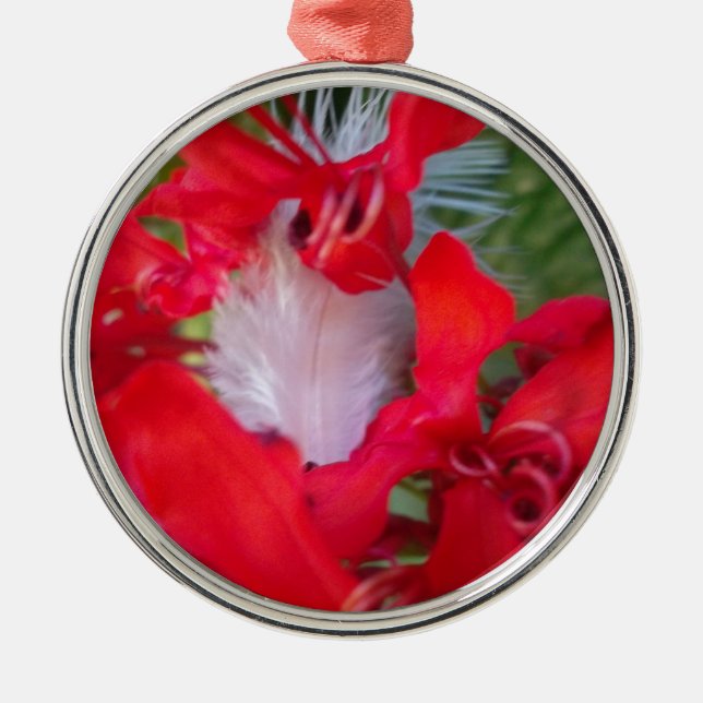 Red Petal Feather Art Print Silbernes Ornament (Vorne)