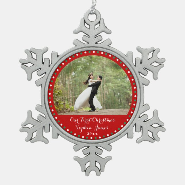 Red Pewter Unser erstes Weihnachtsgeschmuck Schneeflocken Zinn-Ornament (Vorderseite)