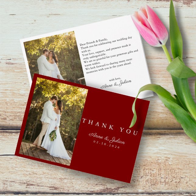 Red Photo Modern Wedding W Note Landscape Dankeskarte (Von Creator hochgeladen)