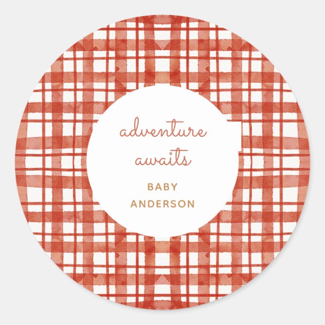 Red Picnic Kariert Adventure erwartet Herbst Baby  Runder Aufkleber (Vorderseite)