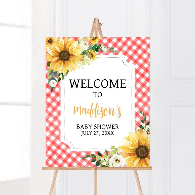 Red Picnic Sunflower Baby Dusche Willkommen Poster (Floral Picnic Baby Shower Welcome Sign)