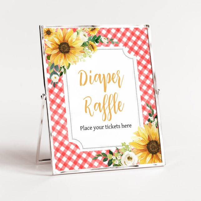 Red Picnic Sunflower Baby Dusche Windelwanne Winde Poster (Floral Picnic Baby Shower Diaper Raffle Sign)