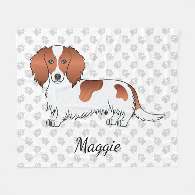 Red Piebald Long Hair Dackel Cartoon Dog & Name Fleecedecke (Vorderseite (Horizontal))