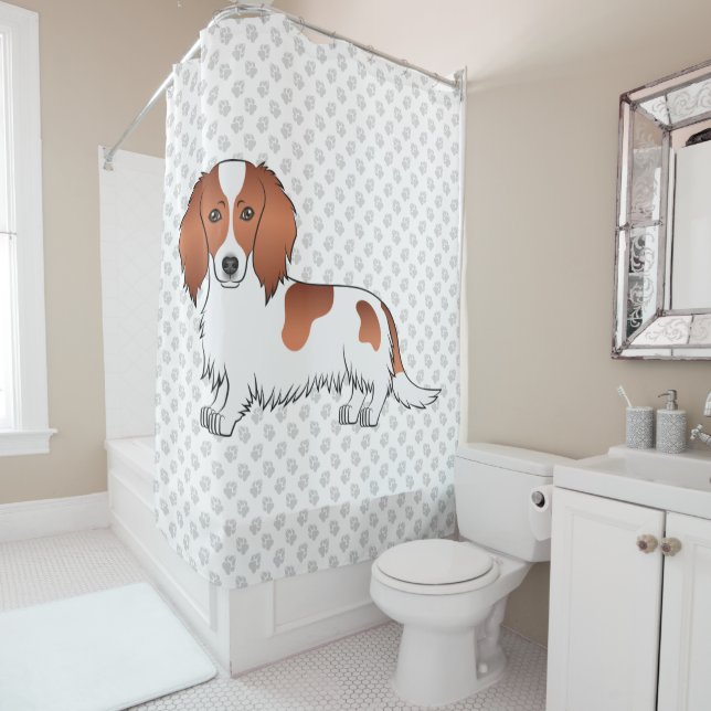 Red Piebald Long Hair Dackel Cartoon Dog & Paws Duschvorhang (Beispiel)