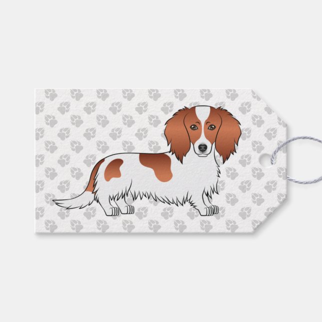 Red Piebald Long Hair Dackel Cartoon Dog & Paws Geschenkanhänger (Vorderseite (Horizontal))