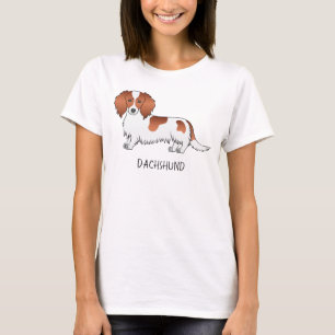 Red Piebald Long Hair Dackel Cartoon Dog & Text T-Shirt
