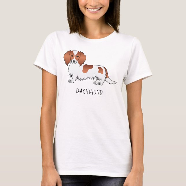 Red Piebald Long Hair Dackel Cartoon Dog & Text T-Shirt (Vorderseite)