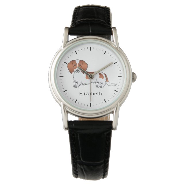 Red Pied Long Hair Dackel Cartoon Dog & Name Armbanduhr (Vorderseite)