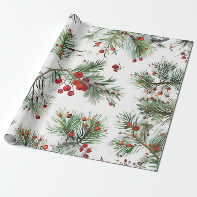 Red Pine & Berries Design Geschenkpapier (Ungerollt)