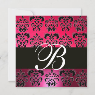 RED PINK BLACK DAMASK MONOGRAM fuchsia weiß Einladung