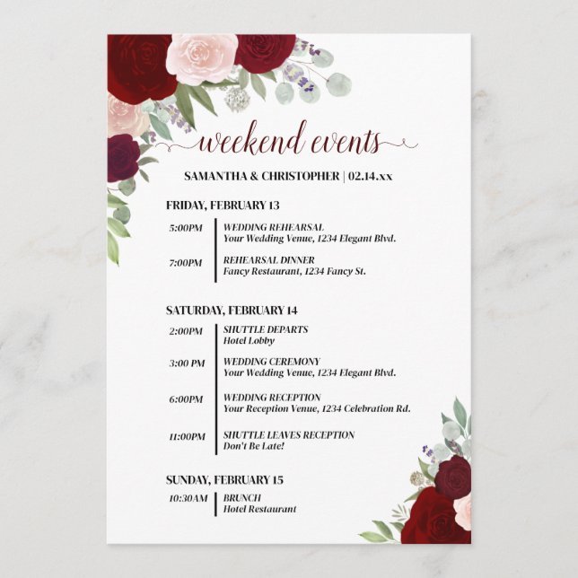 Red & Pink Boho Roses Wedding Events & Timeline Programm (Vorderseite)