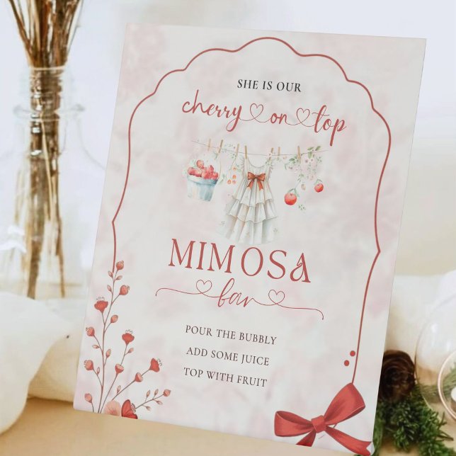 Red Pink Bow Cherry Mimosa Bar | Elegant Floral Sockelschild (Von Creator hochgeladen)