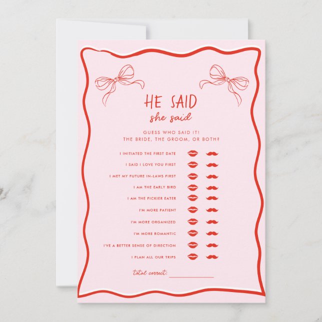 Red Pink Bow He Said She Said Bridal Shower Game Einladung (Vorderseite)