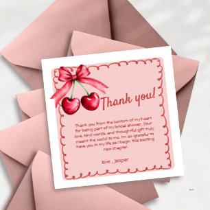Red & Pink Cherry Wavy Border Coquette Bow Dankeskarte