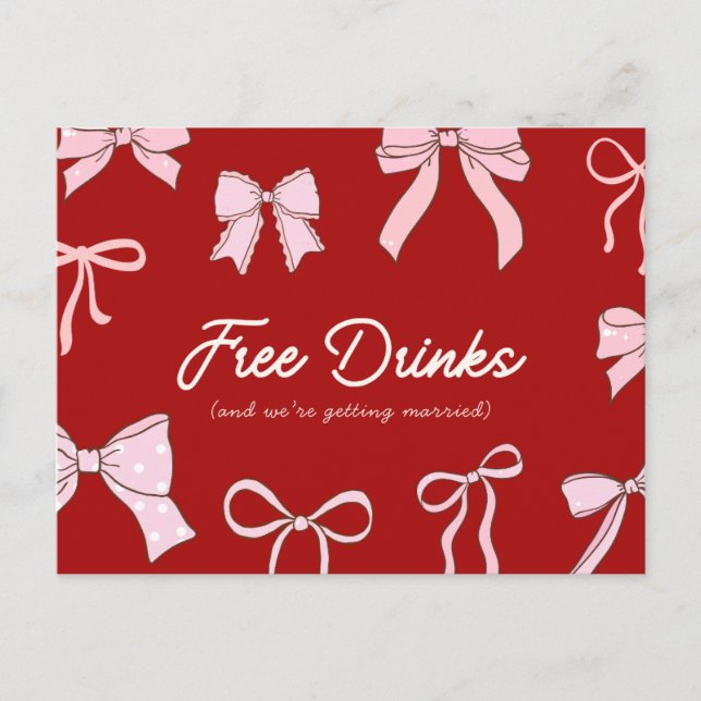 Red Pink Coquette Bow Free Drinks Save the Date Ankündigungspostkarte (Vorderseite)