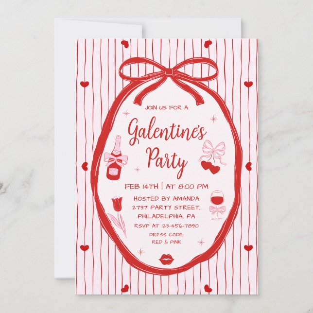 Red Pink Coquette Hand Drawn Galentine's Party  Einladung (Vorderseite)