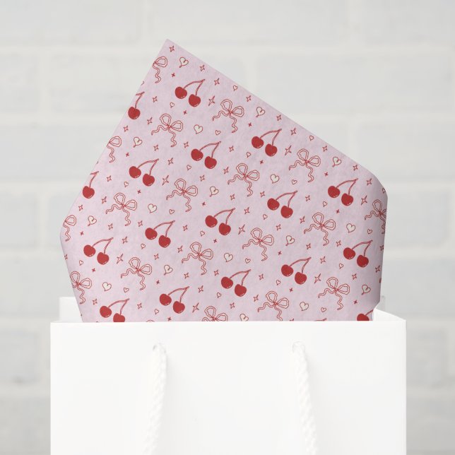 Red Pink Cute Bow Cherry Hearts Valentine’s Day Seidenpapier (Geschenktüte)