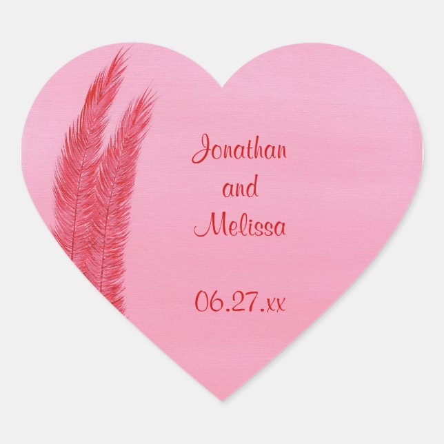 Red Pink Feathers Herz Save the Date Aufkleber (Vorderseite)