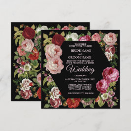 Red Pink Floral Greenery Rustic Black Wedding Einladung